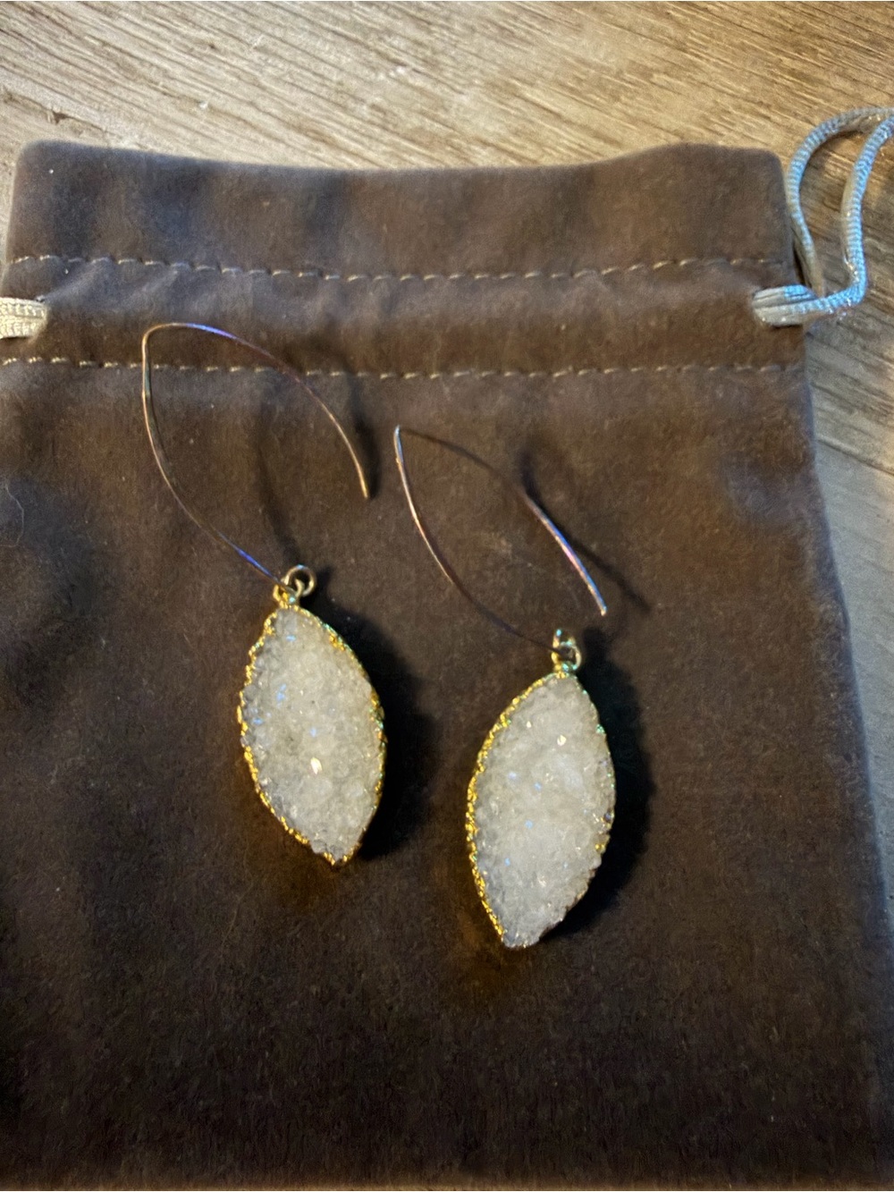 Handmade White Druzy Teardrop Gold-Trim Earrings - Women Jewelry
